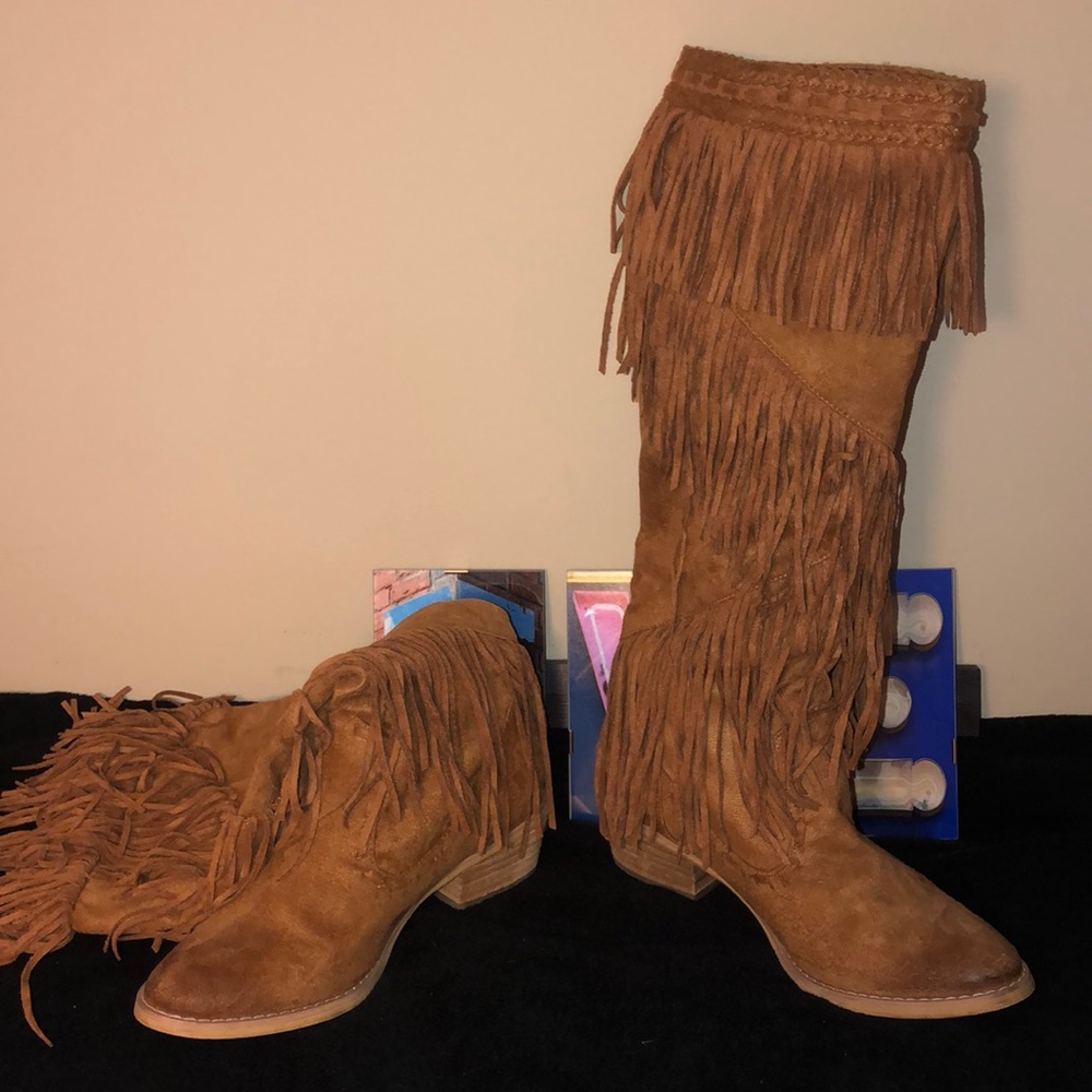 Fringe knee high boots